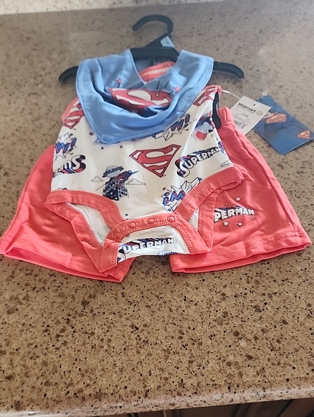 DC Comics Coral Shorts, White Superhero Bodysuit & Light Blue Bib
